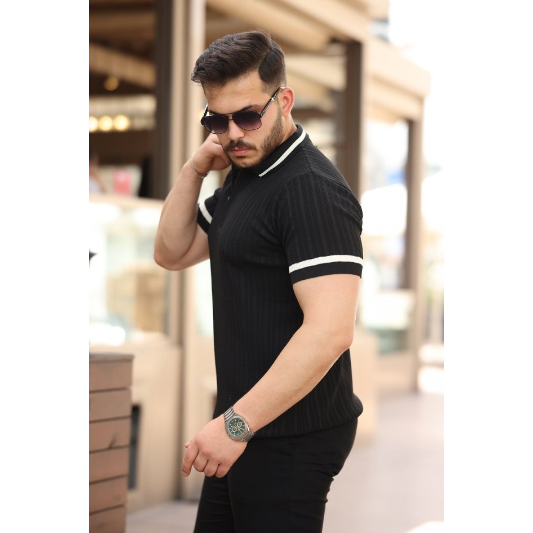 Erkek Yaka Ve Kolları çizgi Detaylı Fermuarlı Kısa Kollu T-shirt - 162311 Erkek Yaka Ve Kolları çizgi Detaylı Fermuarlı Kısa Kollu T-shirt - 162311
