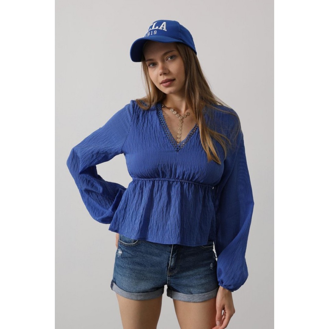 V Yaka Dantelli Bluz - Mavi 162846 V Yaka Dantelli Bluz - Mavi 162846