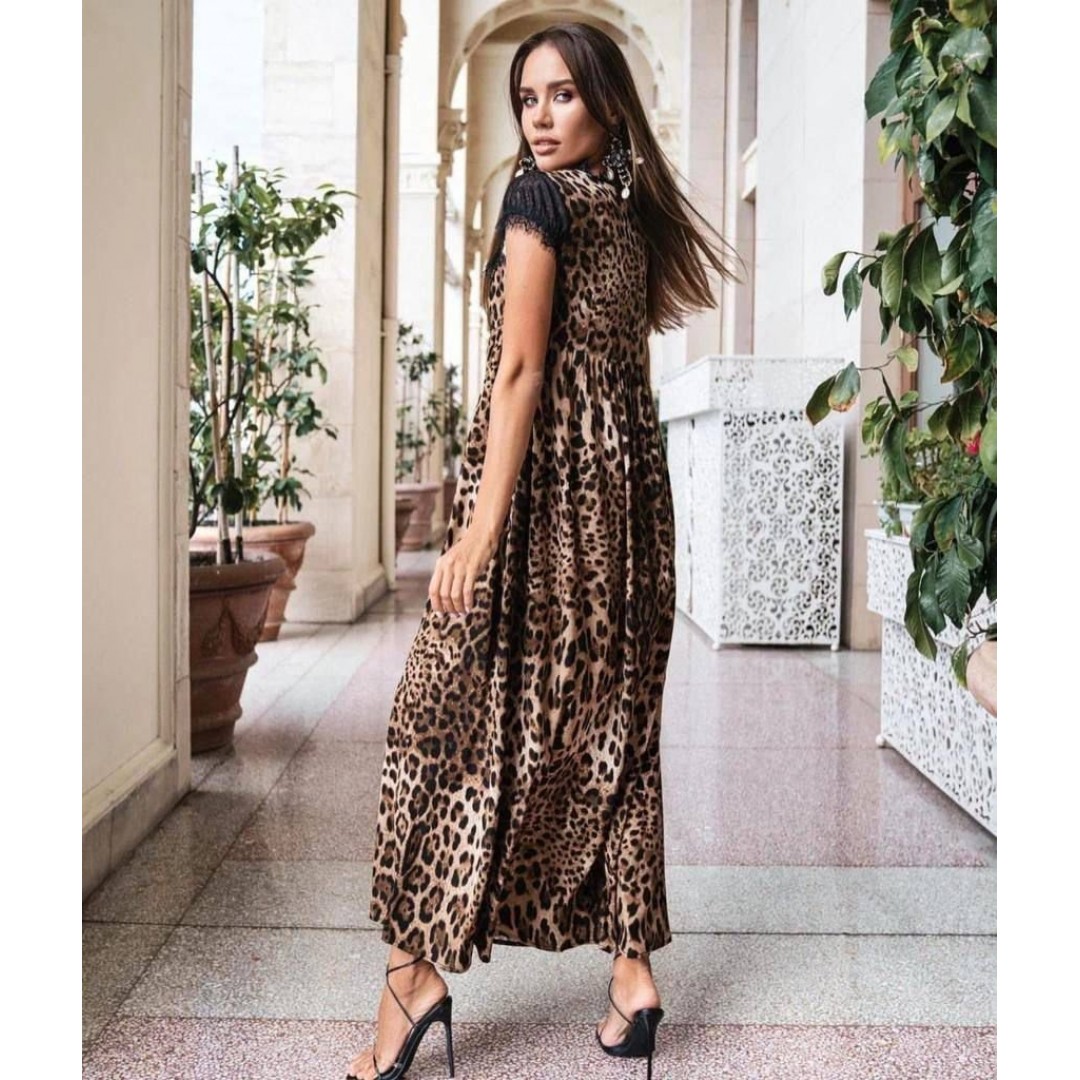Kadın Leopar Desenli Dantelli Jesica Kumaş Maxi Boy Elbise - 96660 Kadın Leopar Desenli Dantelli Jesica Kumaş Maxi Boy Elbise - 96660
