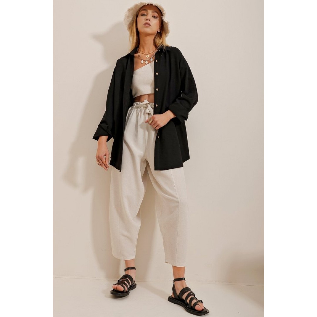 Kadın Keten Kumaş Oversize Gömlek - 159582 Kadın Keten Kumaş Oversize Gömlek - 159582