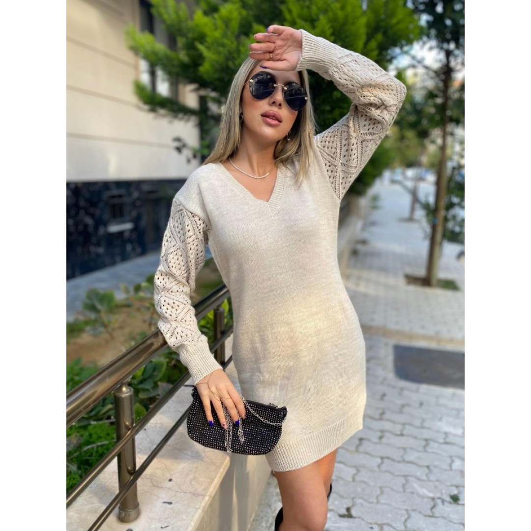 Kadın Uzun Kollu V Yakalı Mini Triko Elbise - 133371 Kadın Uzun Kollu V Yakalı Mini Triko Elbise - 133371