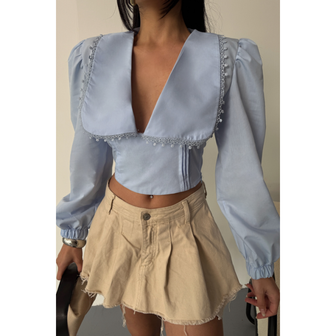 CROP POPLİN GÖMLEK YAKA KENAR DANTEL DETAYLI - Bebe Mavi - 153796 CROP POPLİN GÖMLEK YAKA KENAR DANTEL DETAYLI - Bebe Mavi - 153796