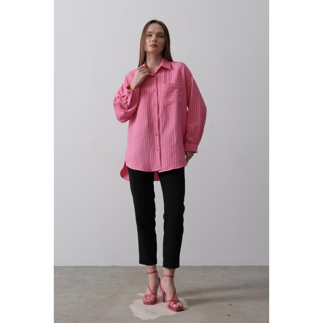 Çizgili Tek Cep Gömlek - Pembe - 157355 Çizgili Tek Cep Gömlek - Pembe - 157355