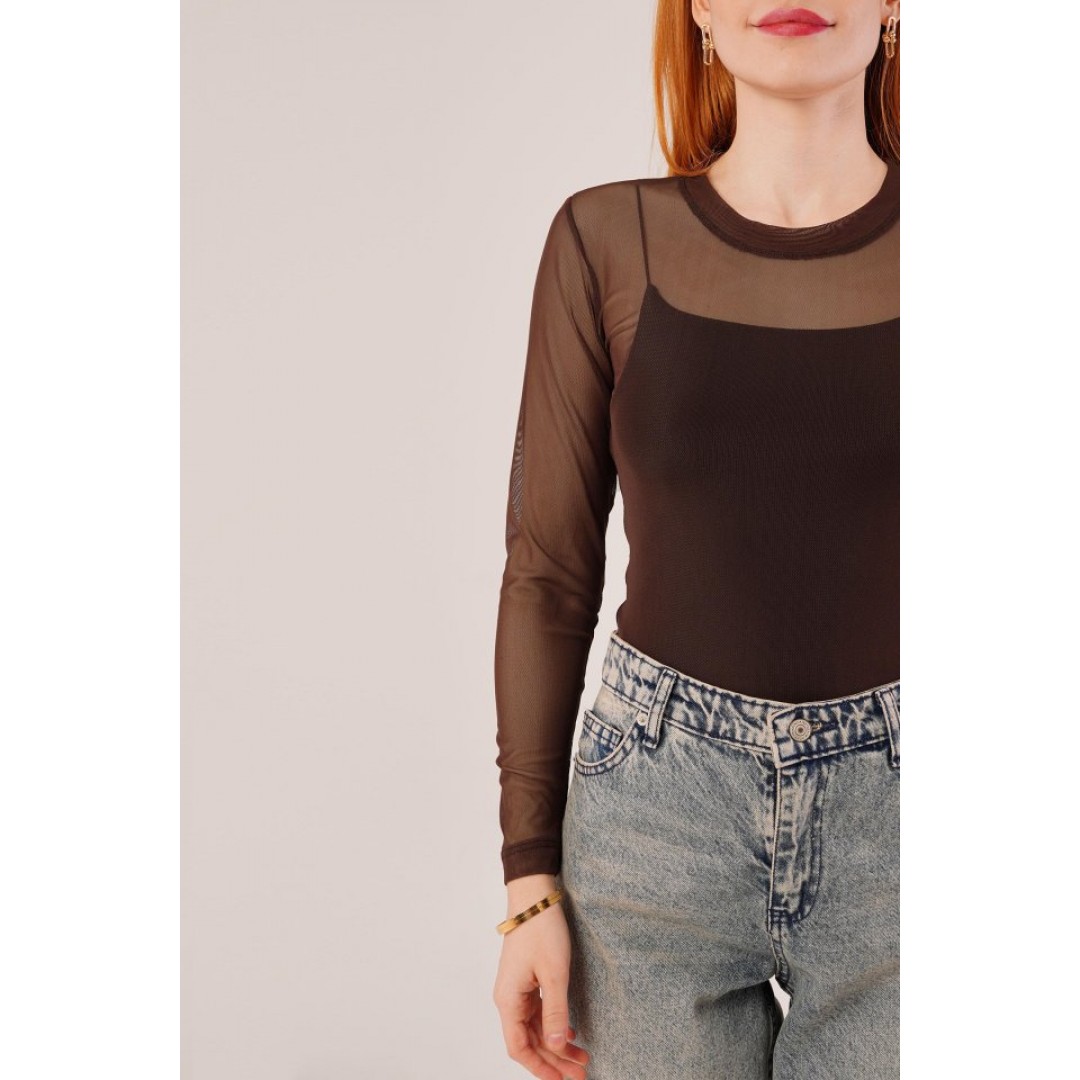 Transparan Kahverengi Tül Basic Bluz 148065 Transparan Kahverengi Tül Basic Bluz 148065