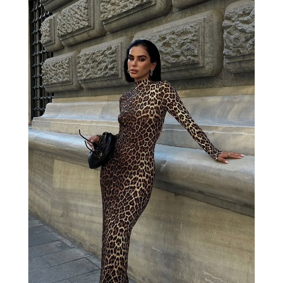 Kadın Uzun Kollu Balıkçı Yaka Gull Likralı Leopar Desen Maxi Boy Elbise - 140142 Kadın Uzun Kollu Balıkçı Yaka Gull Likralı Leopar Desen Maxi Boy Elbise - 140142