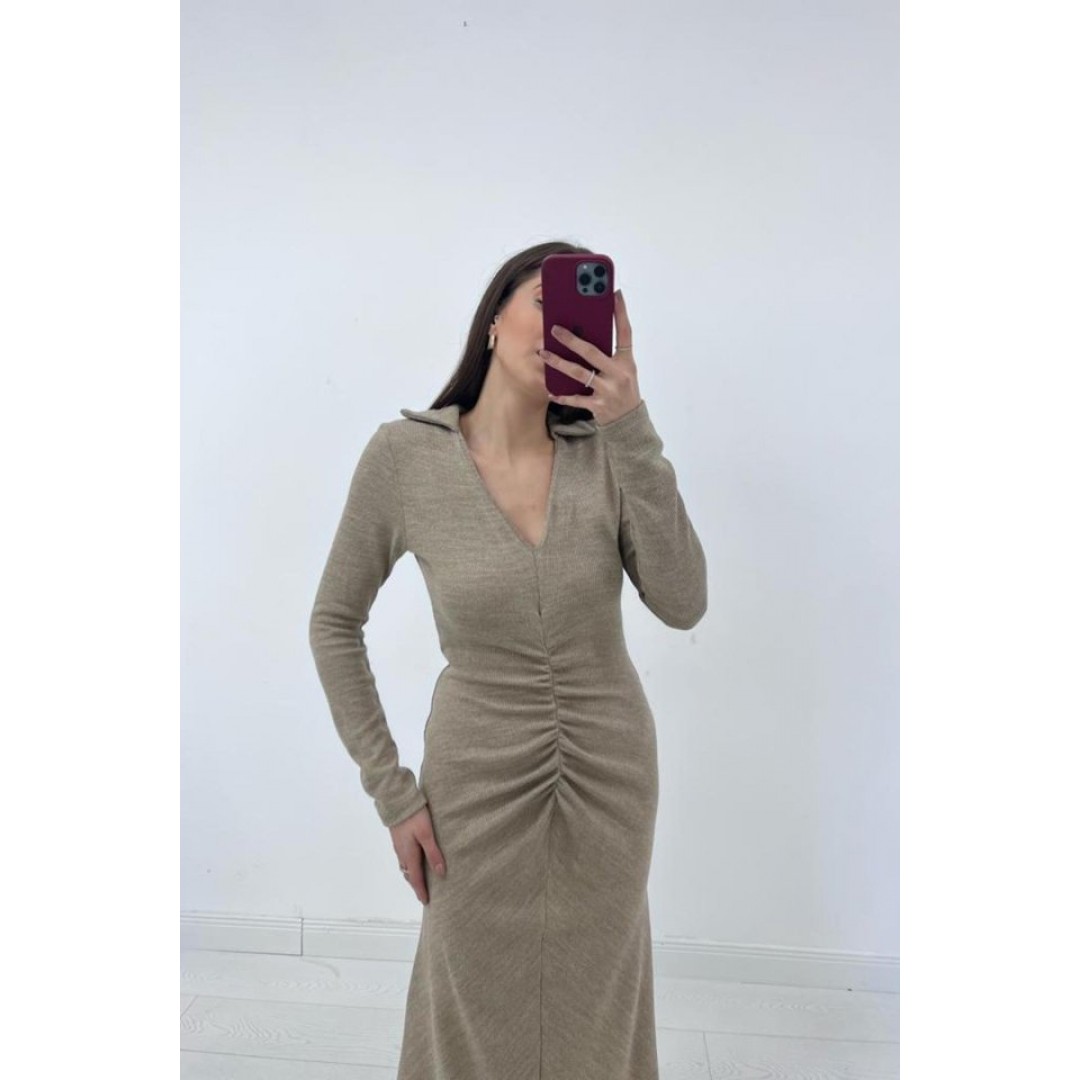 Bej Büzgülü Triko Balık Elbise - 151738 Bej Büzgülü Triko Balık Elbise - 151738