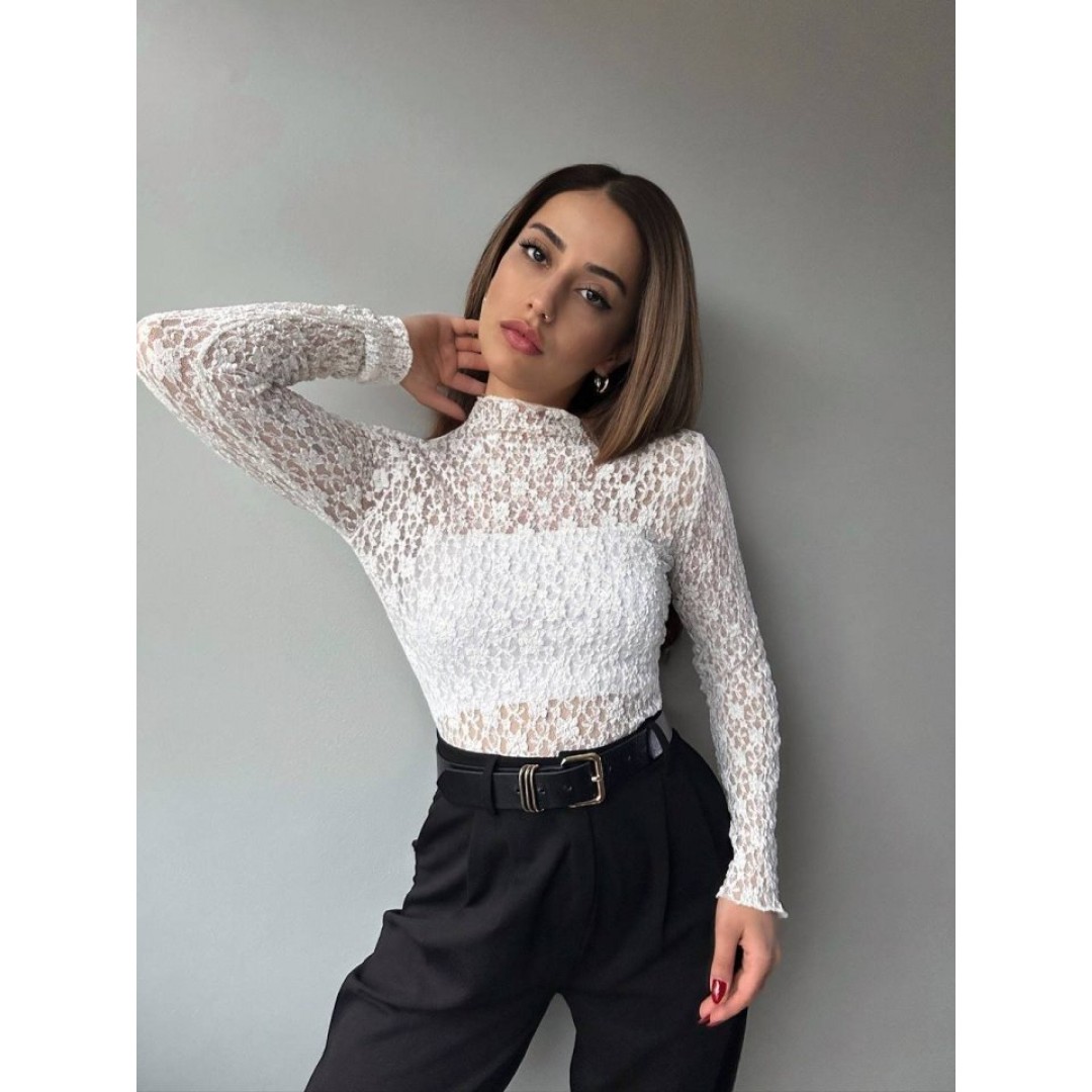 Kadın Likralı Dantel Transparan Uzun Kol Crop Bluz - 156150 Kadın Likralı Dantel Transparan Uzun Kol Crop Bluz - 156150