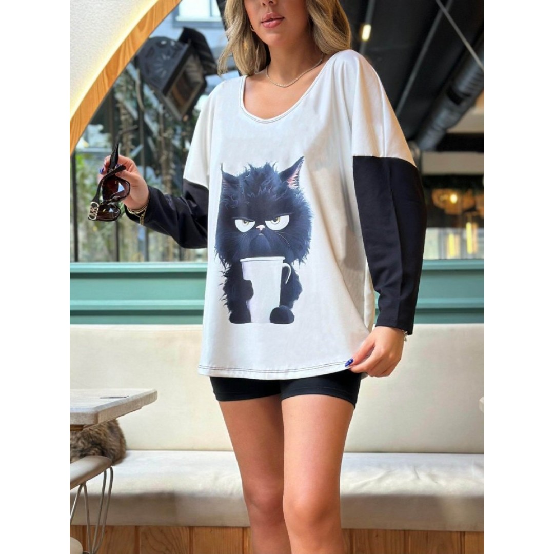 Kadın Uzun Kollu V Yakalı Kedi Baskılı şardonlu Dalgıç Bluz - 133538 Kadın Uzun Kollu V Yakalı Kedi Baskılı şardonlu Dalgıç Bluz - 133538