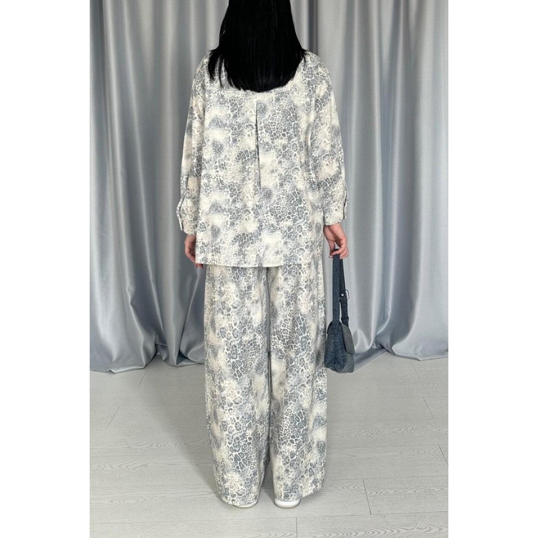 Gri Leopar Desenli Ceket Ve Pantolon Keten Takım 149011 Gri Leopar Desenli Ceket Ve Pantolon Keten Takım 149011