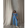 KETEN CROP BLUZ BÜZGÜ YAKA + PANTOLON TAKIM - Mavi 150087