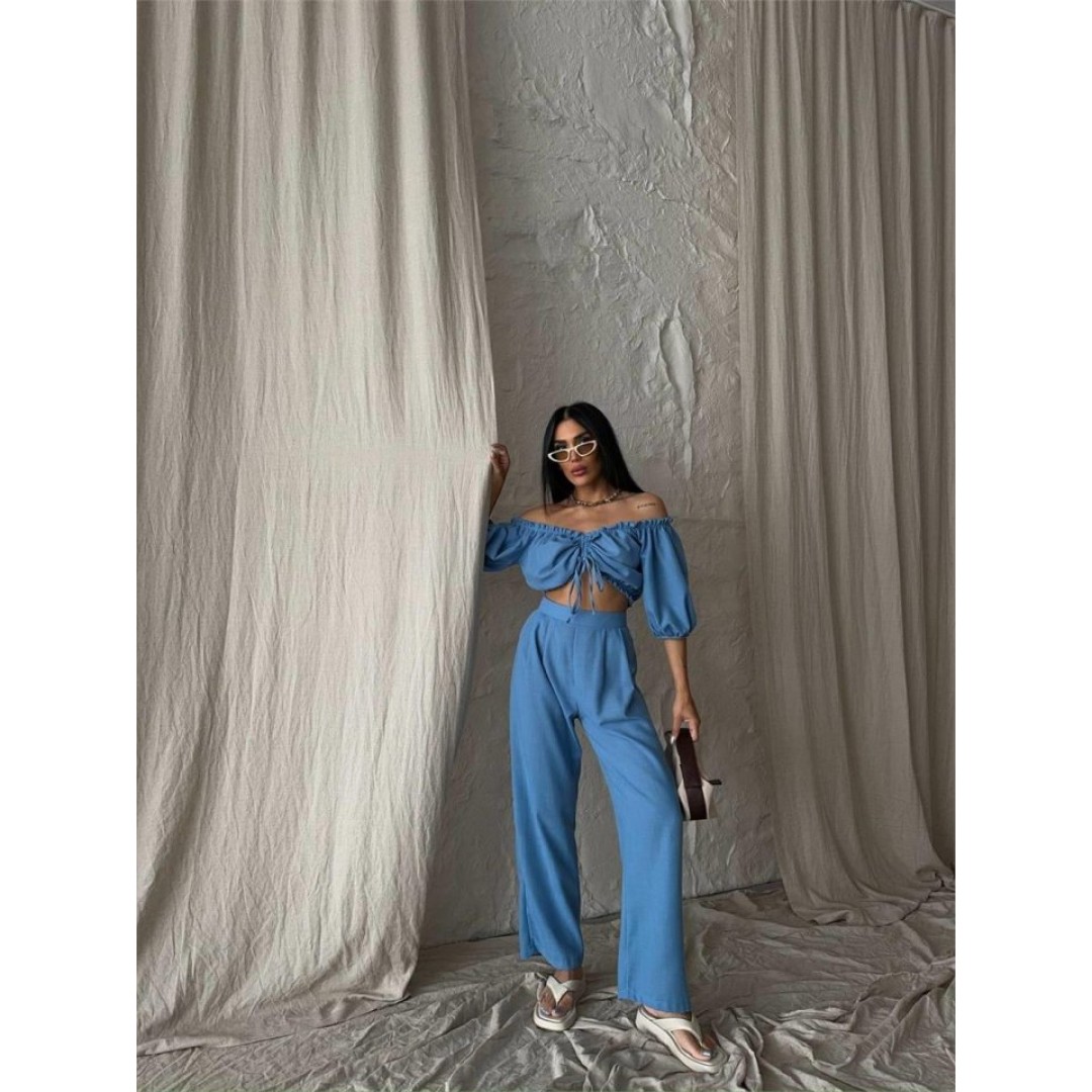 KETEN CROP BLUZ BÜZGÜ YAKA + PANTOLON TAKIM - Mavi 150087