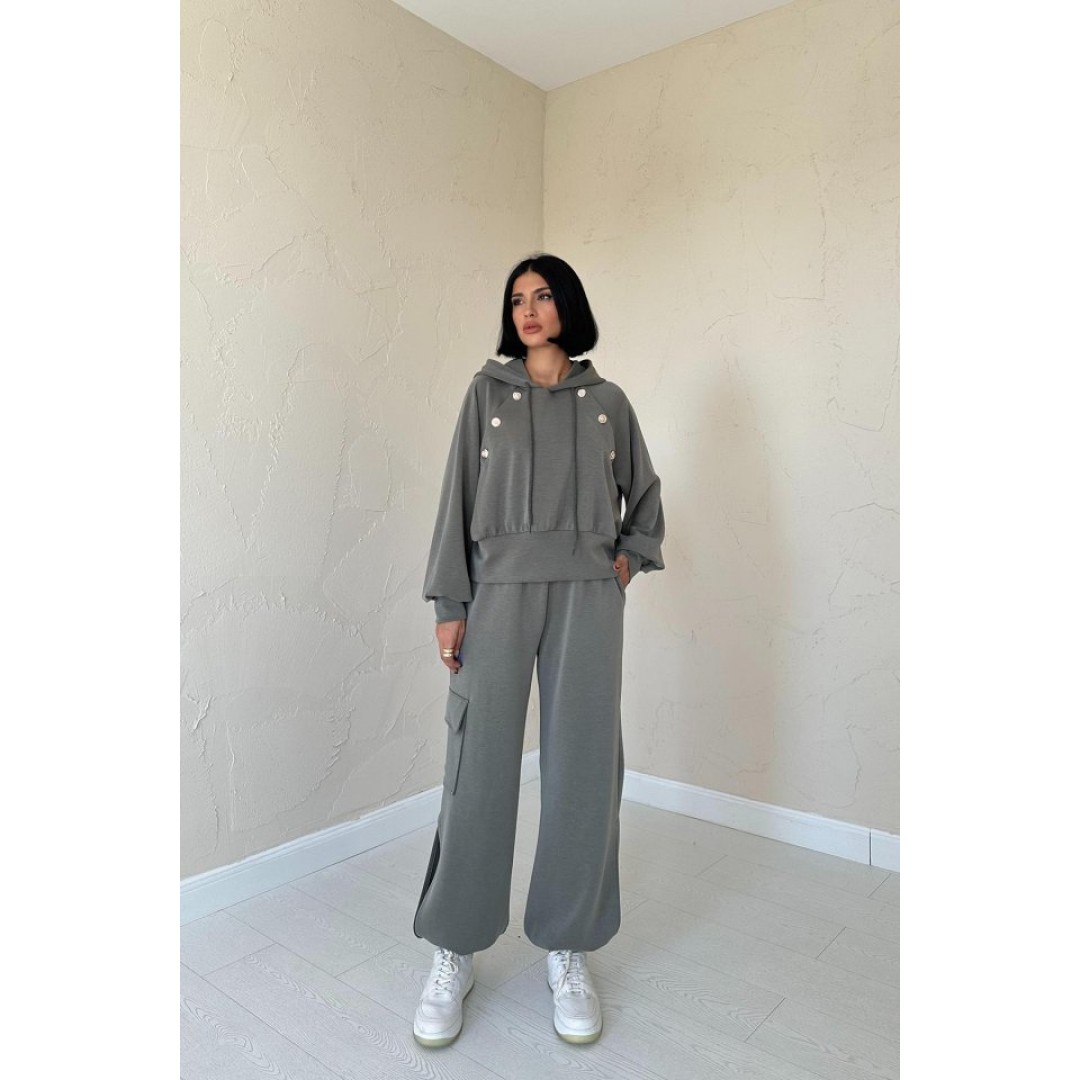 Haki Kapüşonlu Sweatshirt Ve Kargo Pantolon Takım