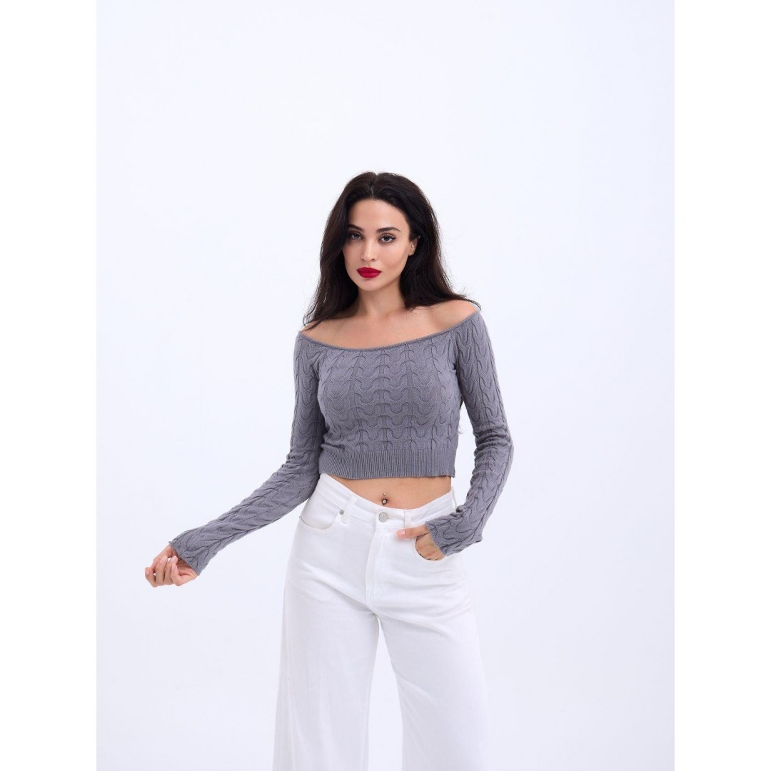 42241 TRİKO KAYIK YAKA CROP-GRİ 143849
