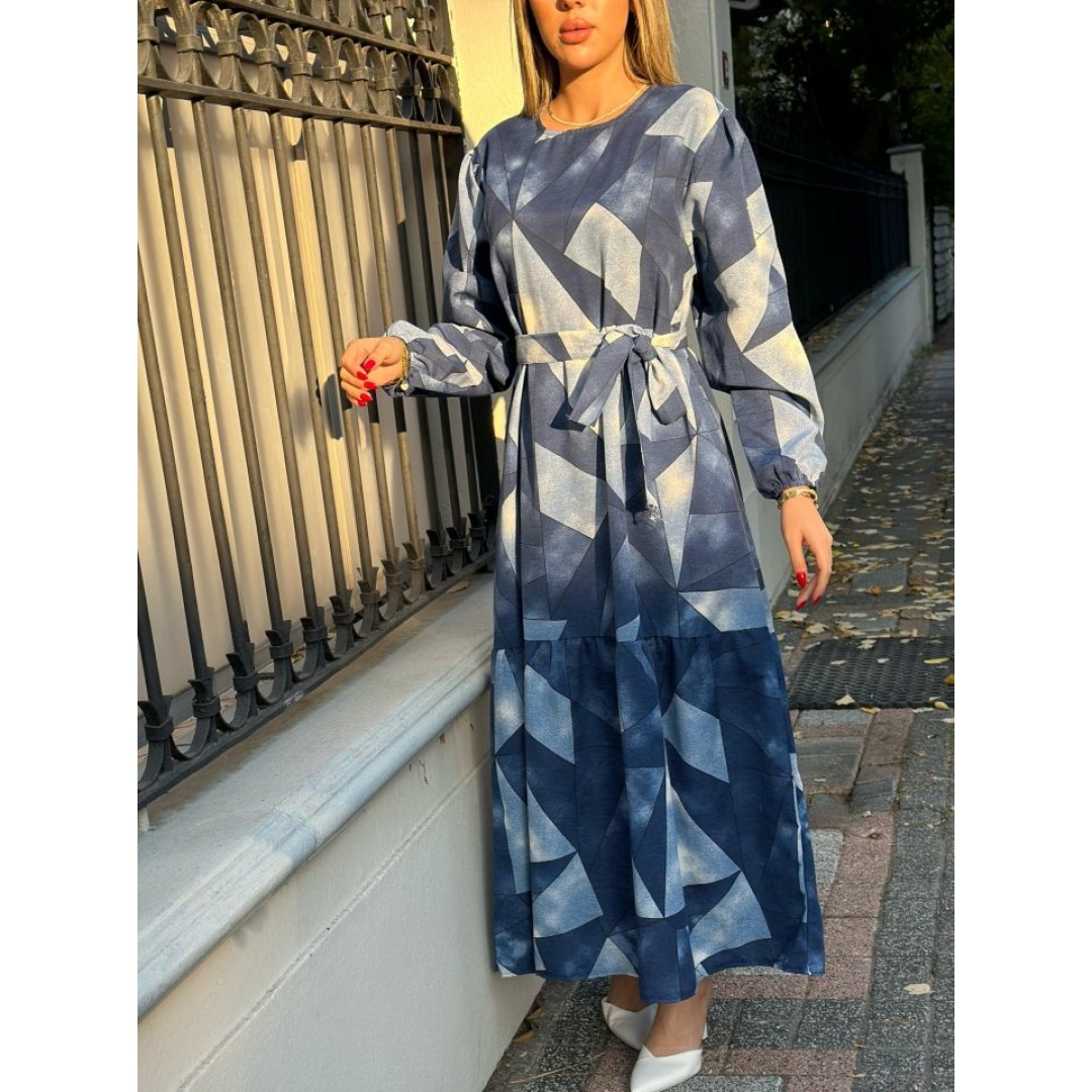 Kadın Uzun Kollu Bisiklet Yaka Geometrik Desen Baskılı Kuşak Dahil Maxi Boy Elbise - 133989 Kadın Uzun Kollu Bisiklet Yaka Geometrik Desen Baskılı Kuşak Dahil Maxi Boy Elbise - 133989