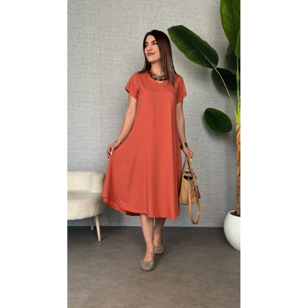 Kadın Kısa Kollu V Yaka Salaş Maxi Boy Elbise - 162483 Kadın Kısa Kollu V Yaka Salaş Maxi Boy Elbise - 162483