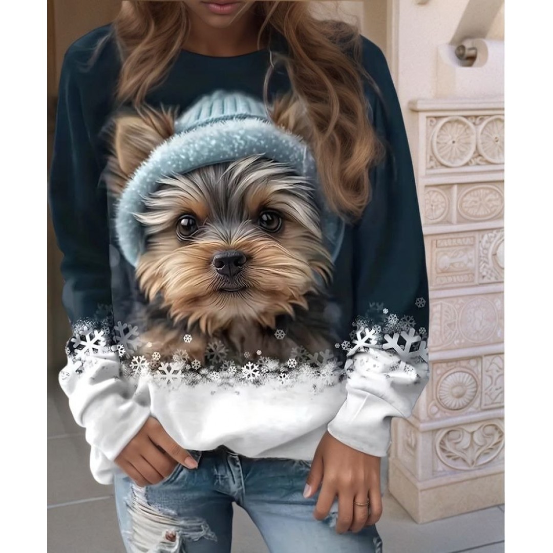 Kadın Uzun Kollu Bisiklet Yaka Köpek Baskılı şardonlu Dalgıç Bluz - 153725 Kadın Uzun Kollu Bisiklet Yaka Köpek Baskılı şardonlu Dalgıç Bluz - 153725