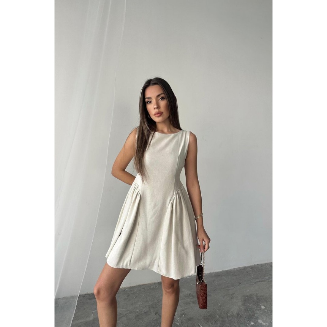 Bej Mini Boy Büzgülü Keten Elbise - 160629 Bej Mini Boy Büzgülü Keten Elbise - 160629