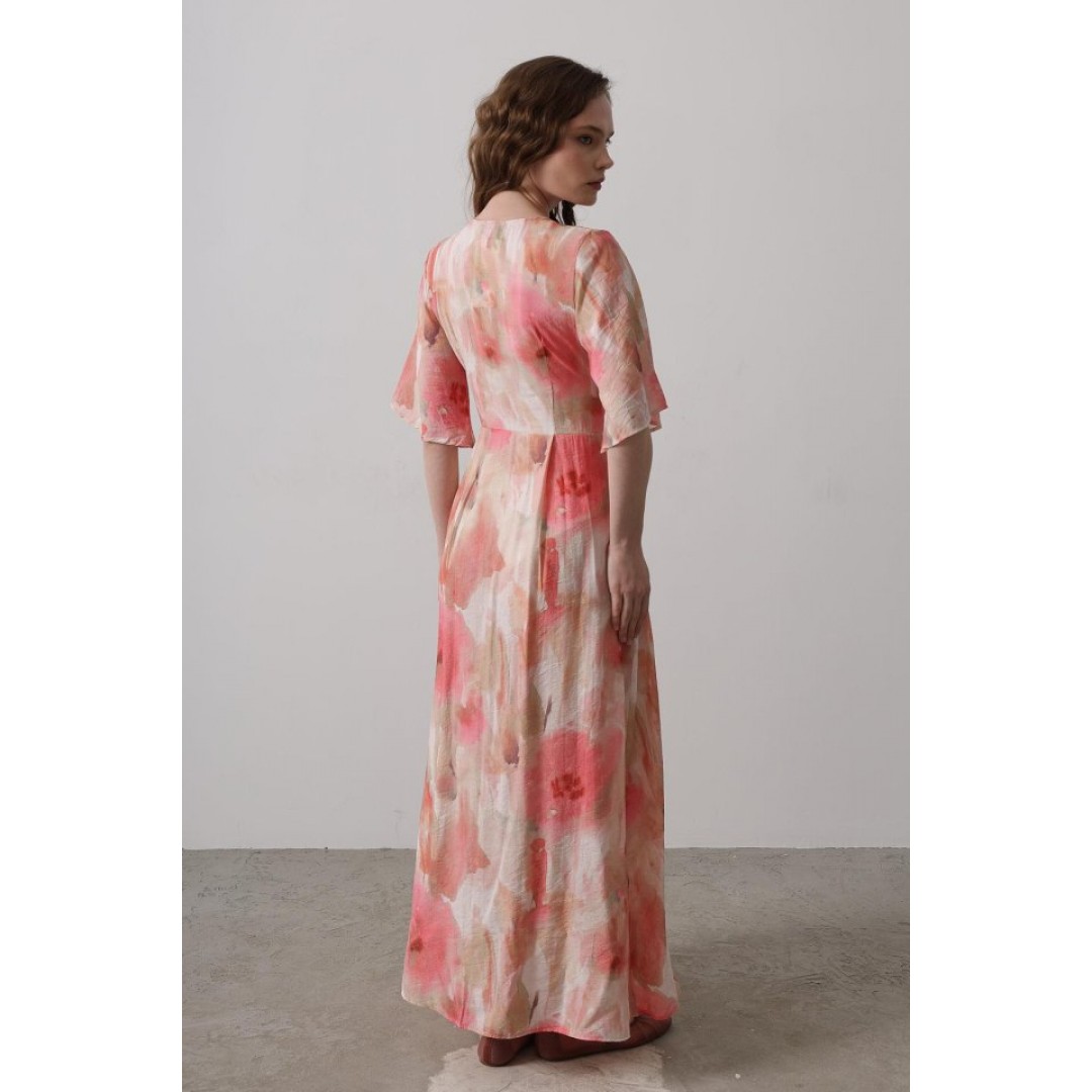 Yandan Bağlamalı Desenli Elbise - Pembe 160134 Yandan Bağlamalı Desenli Elbise - Pembe 160134