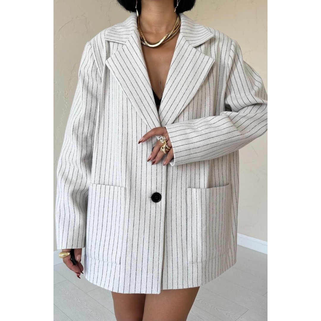 Bej Çizgili Oversize Ceket - 153644