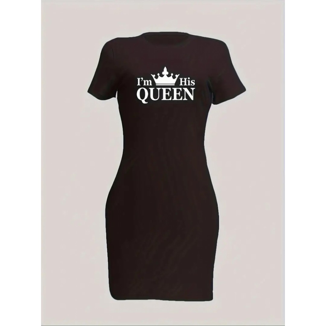 Kadın Kısa Kollu Queen Baskı Iki Iplik Mini Elbise - 162058