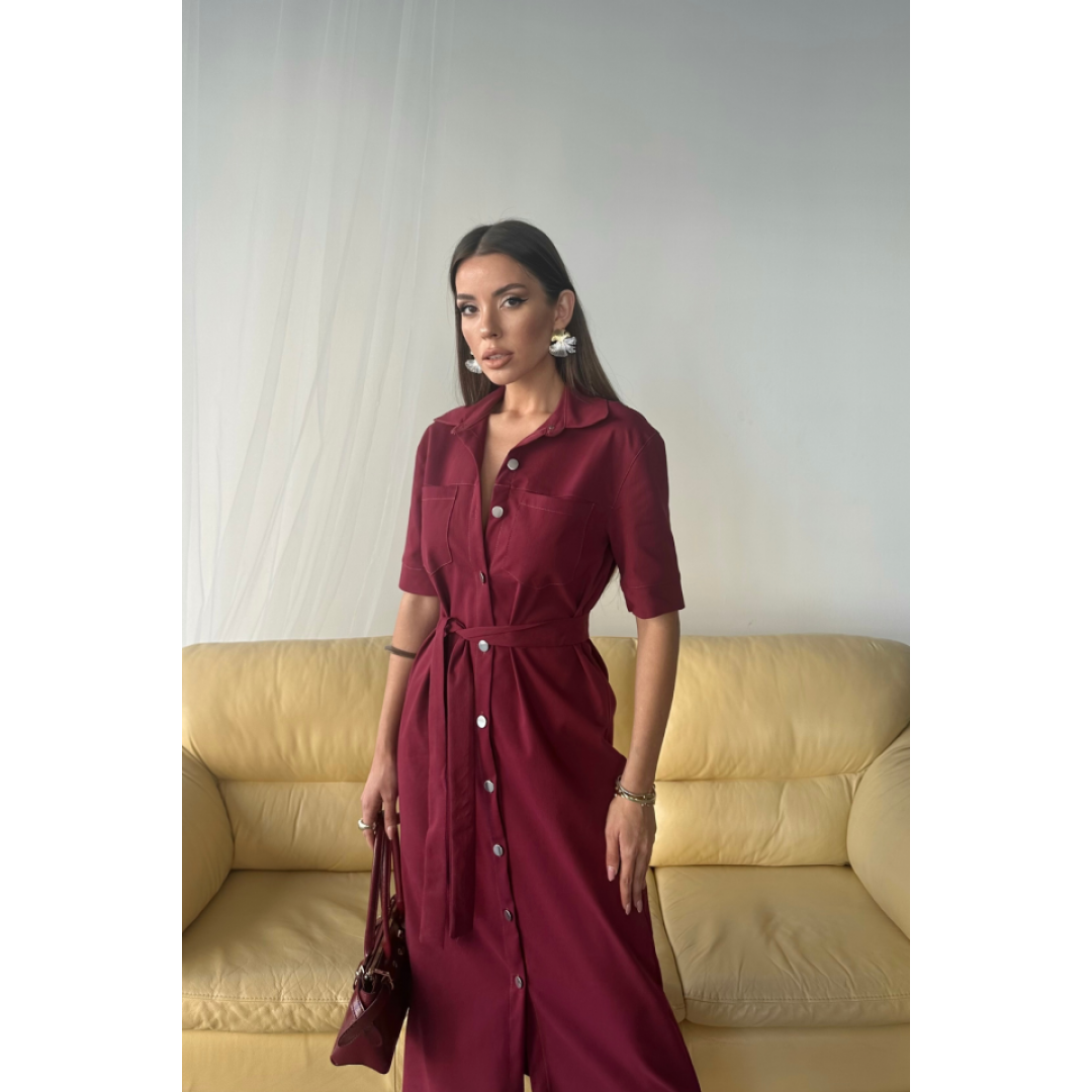 TENCEL ÖNDEN DÜĞMELİ KISA KOL ELBİSE - Bordo 160283