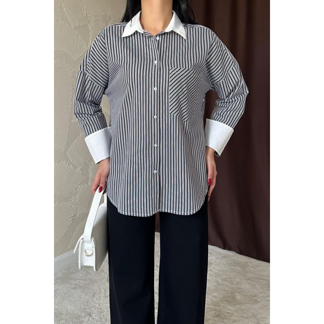 Siyah Çizgili Poplin Uzun Kol Gömlek 153321 Siyah Çizgili Poplin Uzun Kol Gömlek 153321