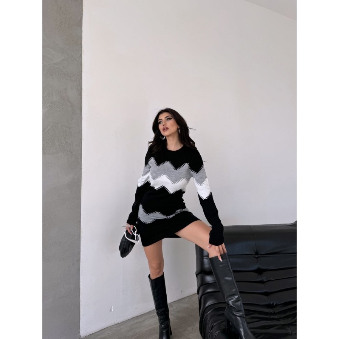 Kadın Uzun Kollu Zigzag Desen Triko Elbise 135121 Kadın Uzun Kollu Zigzag Desen Triko Elbise 135121