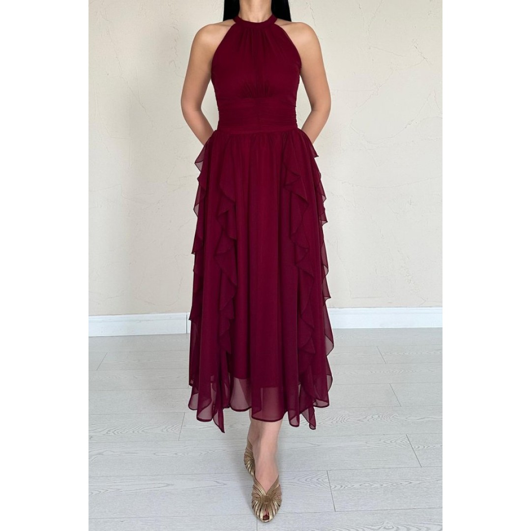 Bordo Önü Büzgülü Fırfırlı Elbise - 157461 Bordo Önü Büzgülü Fırfırlı Elbise - 157461