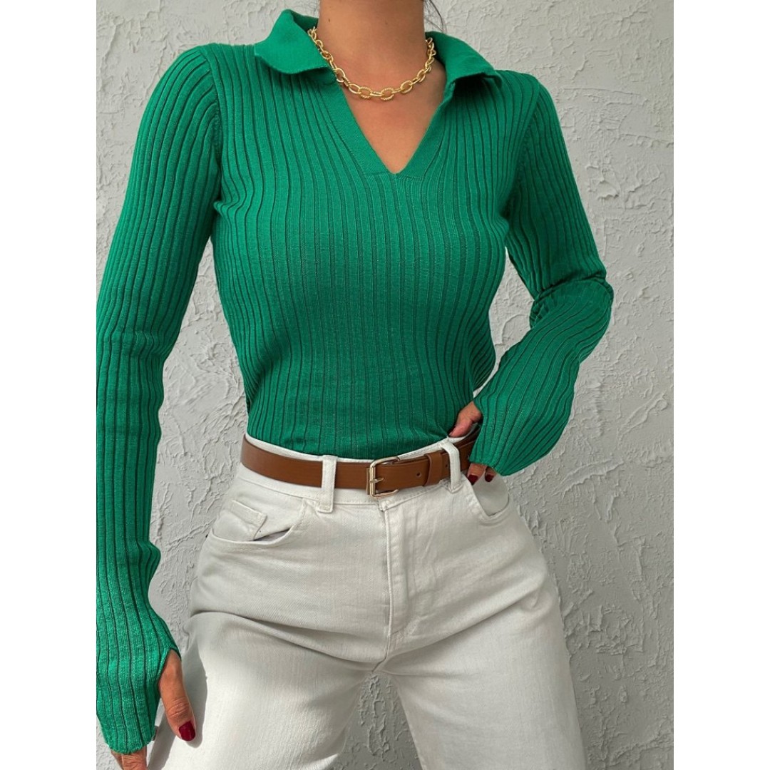 Kadın Yeşil Polo Yaka Parmak Detay Triko Bluz 2047 135562 Kadın Yeşil Polo Yaka Parmak Detay Triko Bluz 2047 135562