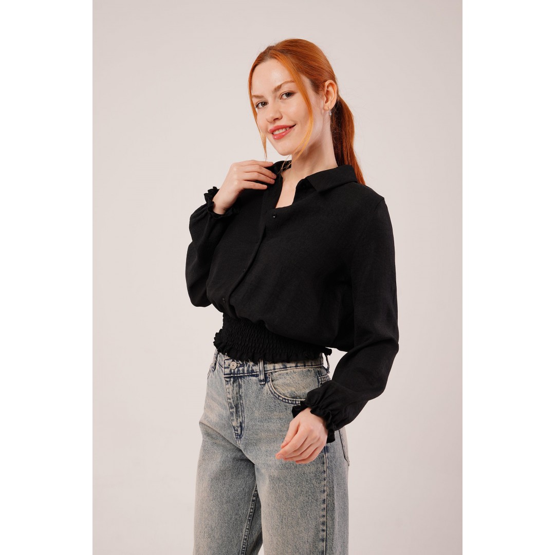 Bel Ve Bilek Lastikli Siyah Bluz - 147303 Bel Ve Bilek Lastikli Siyah Bluz - 147303