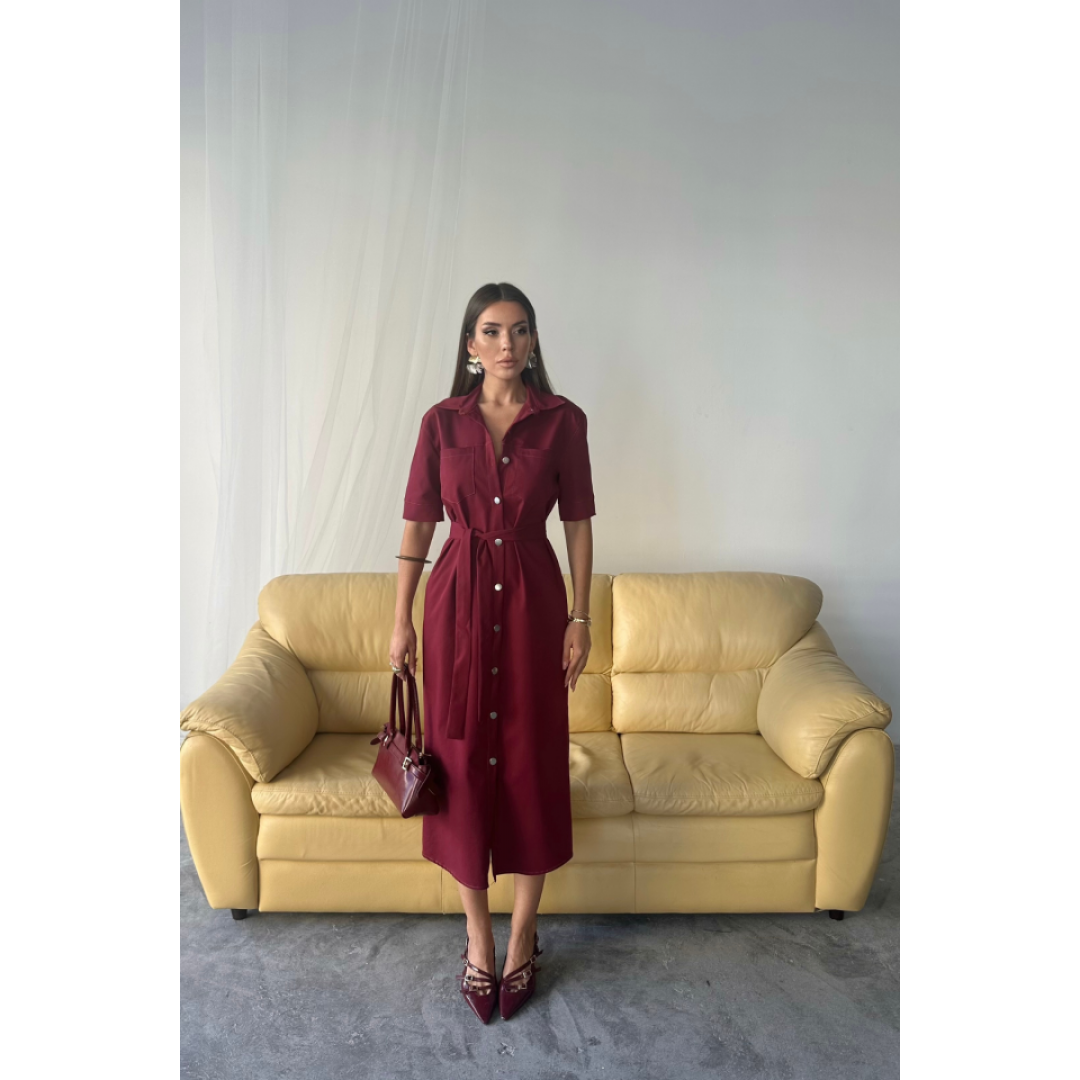 TENCEL ÖNDEN DÜĞMELİ KISA KOL ELBİSE - Bordo