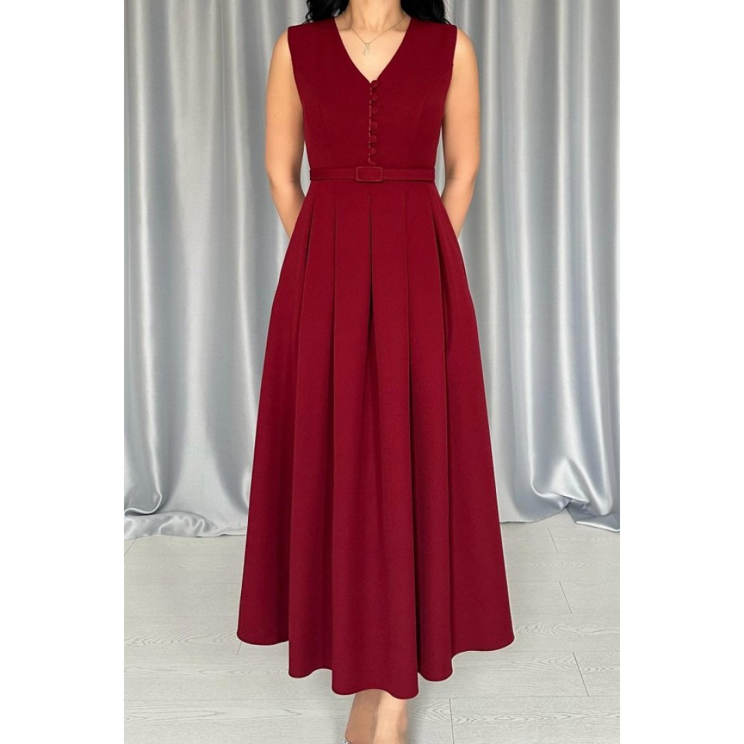 Bordo Önü Britli Pileli Elbise - 154626 Bordo Önü Britli Pileli Elbise - 154626