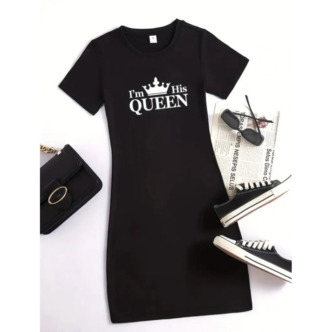 Kadın Kısa Kollu Queen Baskı Iki Iplik Mini Elbise - 162058