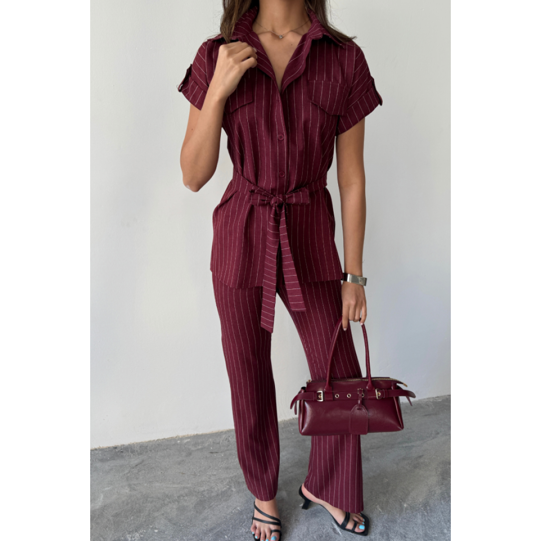 ÇİZGİLİ POLYVİSKON BLUZ - PANTOLON TAKIM - Bordo 159631