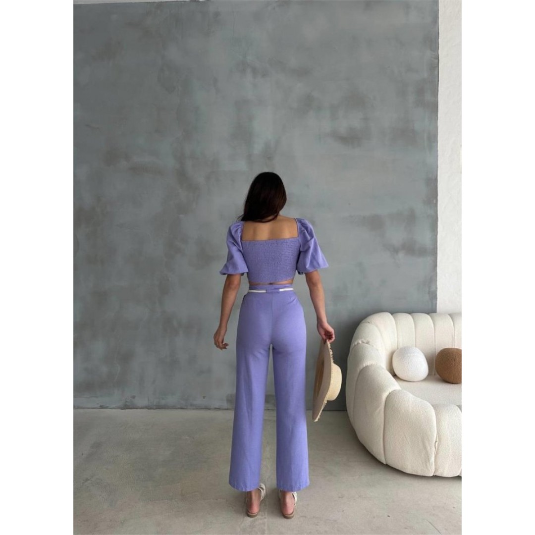 KETEN CROP KARPUZ KOL BLUZ-PANTOLON HASIR KEMERLİ - Mor