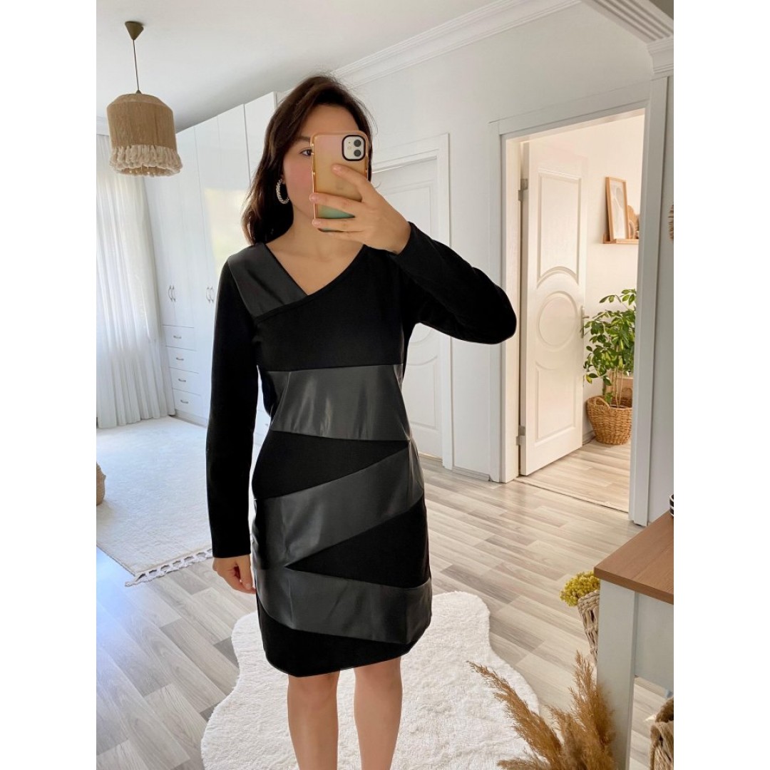 Kadın Uzun Kollu Asimetrik Yaka Süet Ve Deri Mini Boy Elbise - 133965 Kadın Uzun Kollu Asimetrik Yaka Süet Ve Deri Mini Boy Elbise - 133965