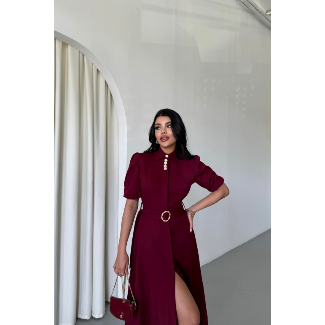 YAKA DÜĞME DETAYLI ELBİSE- Bordo 154396