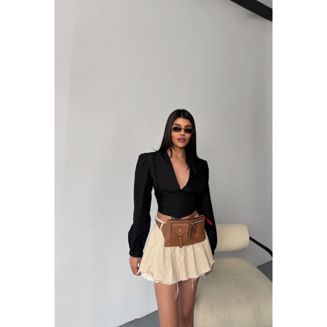 CROP POPLİN GÖMLEK YAKA KENAR DANTEL DETAYLI - Siyah