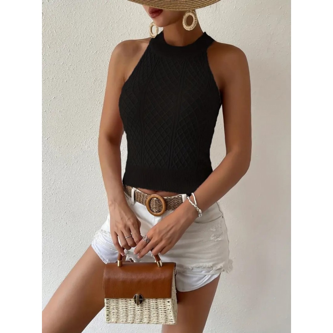 Kadın Kolsuz Halter Yaka Mini Baklava Desenli Triko Bluz - 159562 Kadın Kolsuz Halter Yaka Mini Baklava Desenli Triko Bluz - 159562