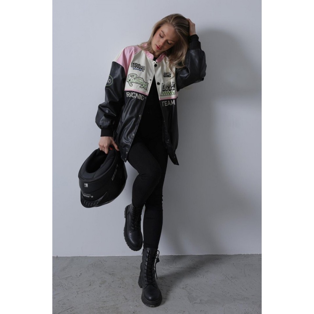 Motorcu Biker Ceket - Siyah-Pembe-Ekru 151403 Motorcu Biker Ceket - Siyah-Pembe-Ekru 151403