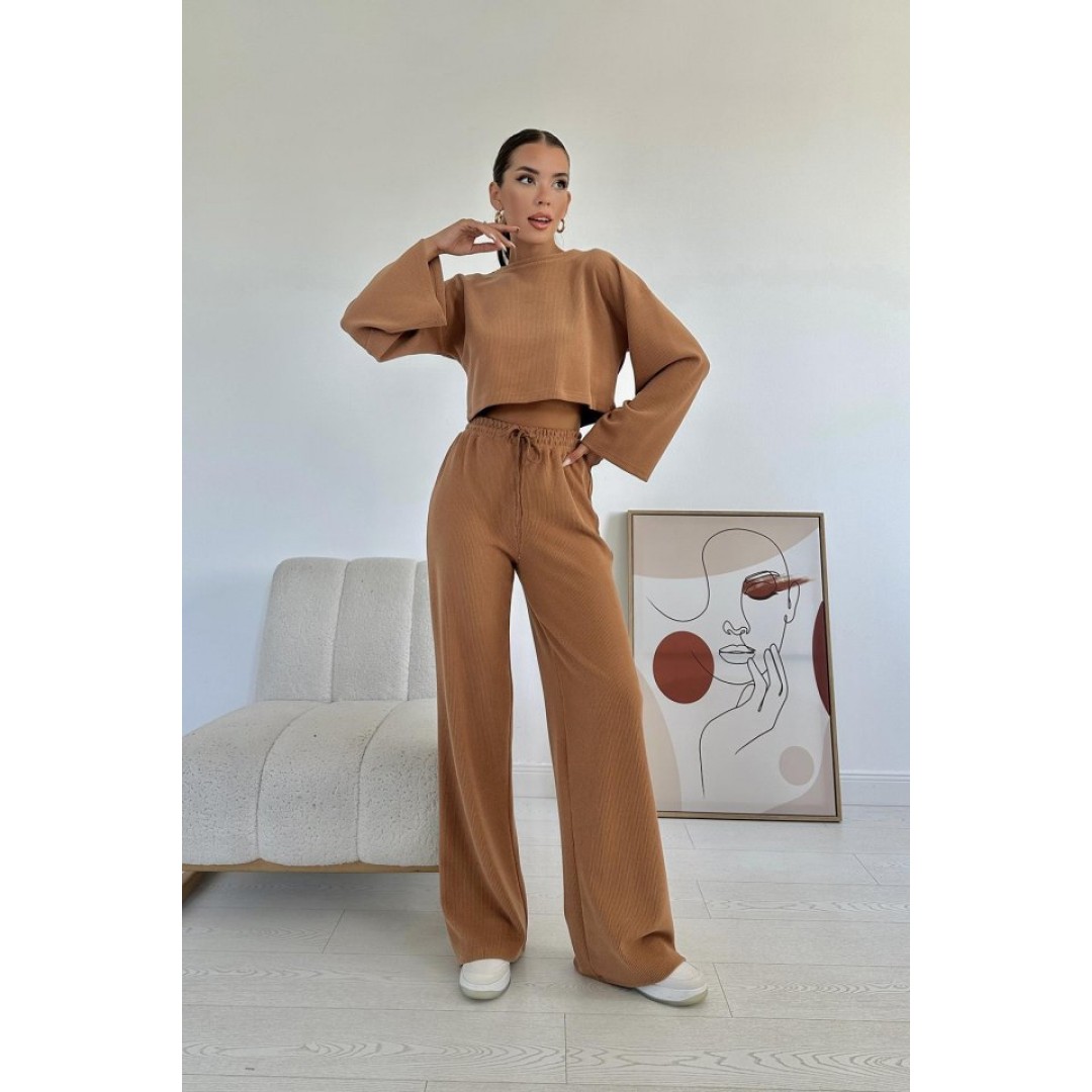 Camel Fitilli Bluz Ve Pantolon Takım