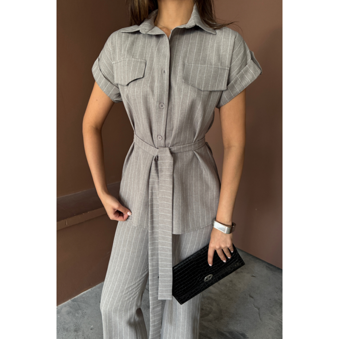 ÇİZGİLİ POLYVİSKON BLUZ - PANTOLON TAKIM - Gri 159630 ÇİZGİLİ POLYVİSKON BLUZ - PANTOLON TAKIM - Gri 159630