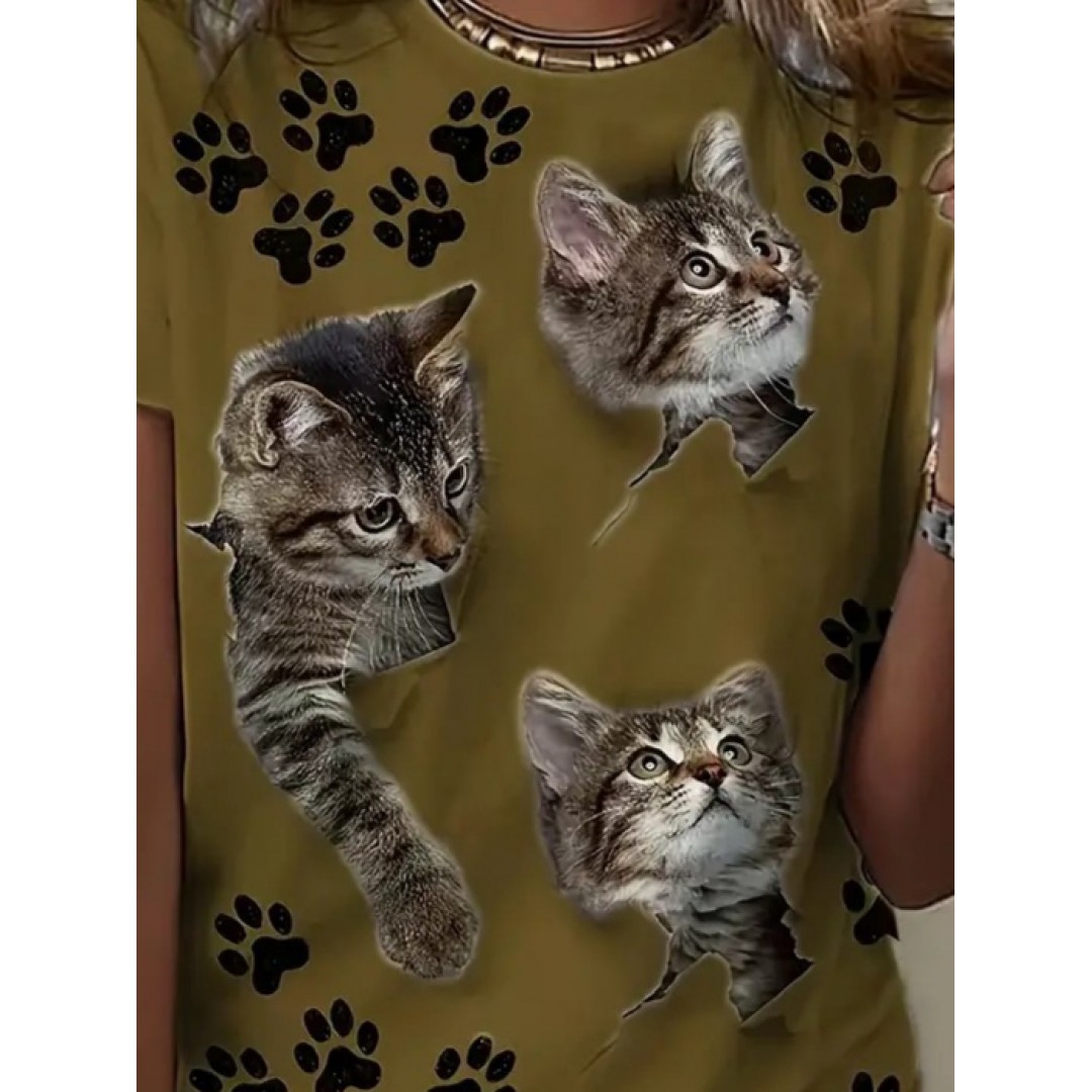 Kadın Kısa Kollu Kedi Ve Pati Baskılı Süprem T-shirt 157608