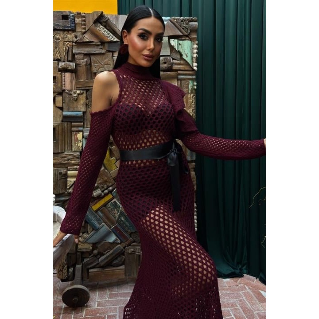 Saten Kuşaklı Ajurlu Triko Elbise 2847 158999 Saten Kuşaklı Ajurlu Triko Elbise 2847 158999