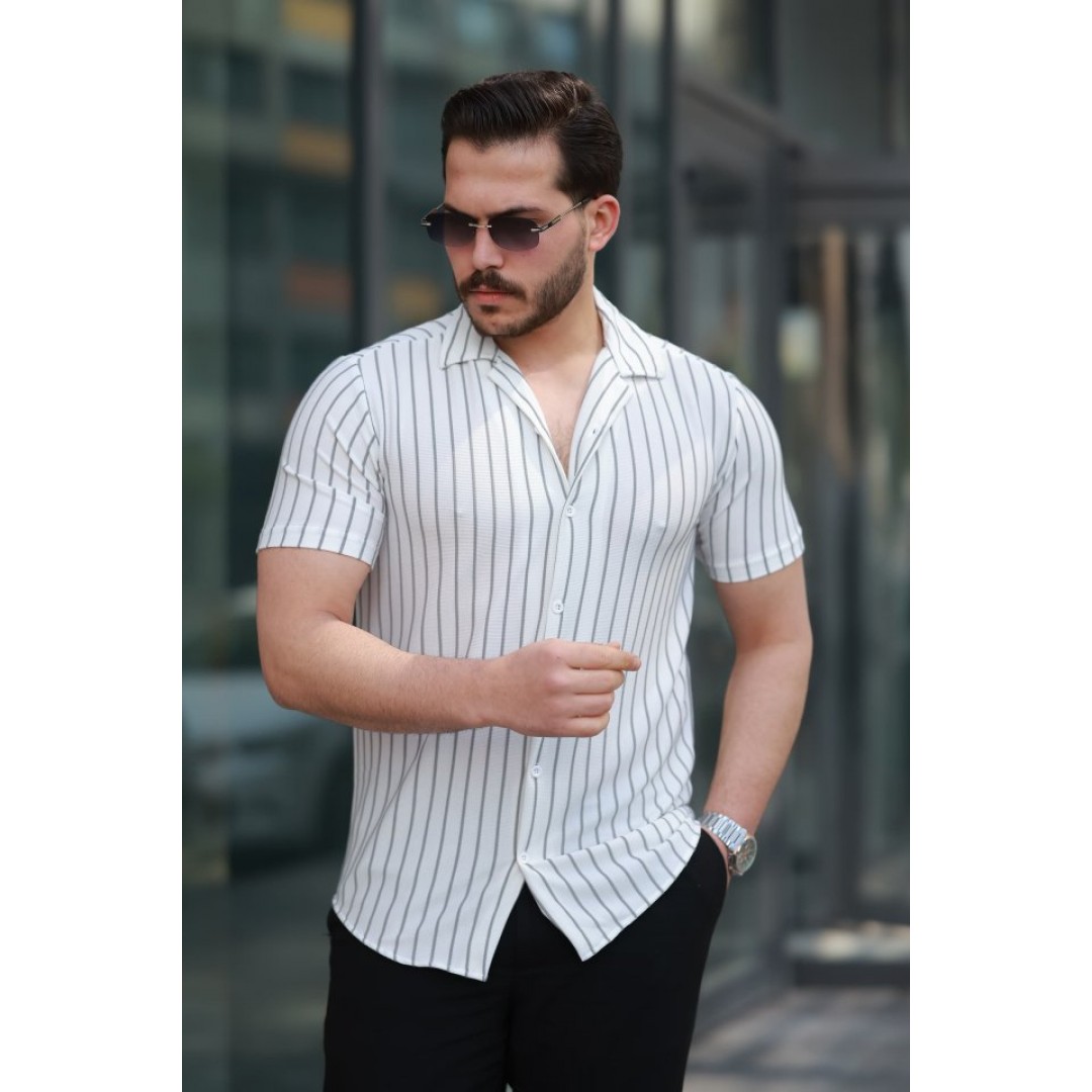 Erkek Kısa Kollu Gri çizgi Desenli örme Kumaş Pamuklu Gömlek
