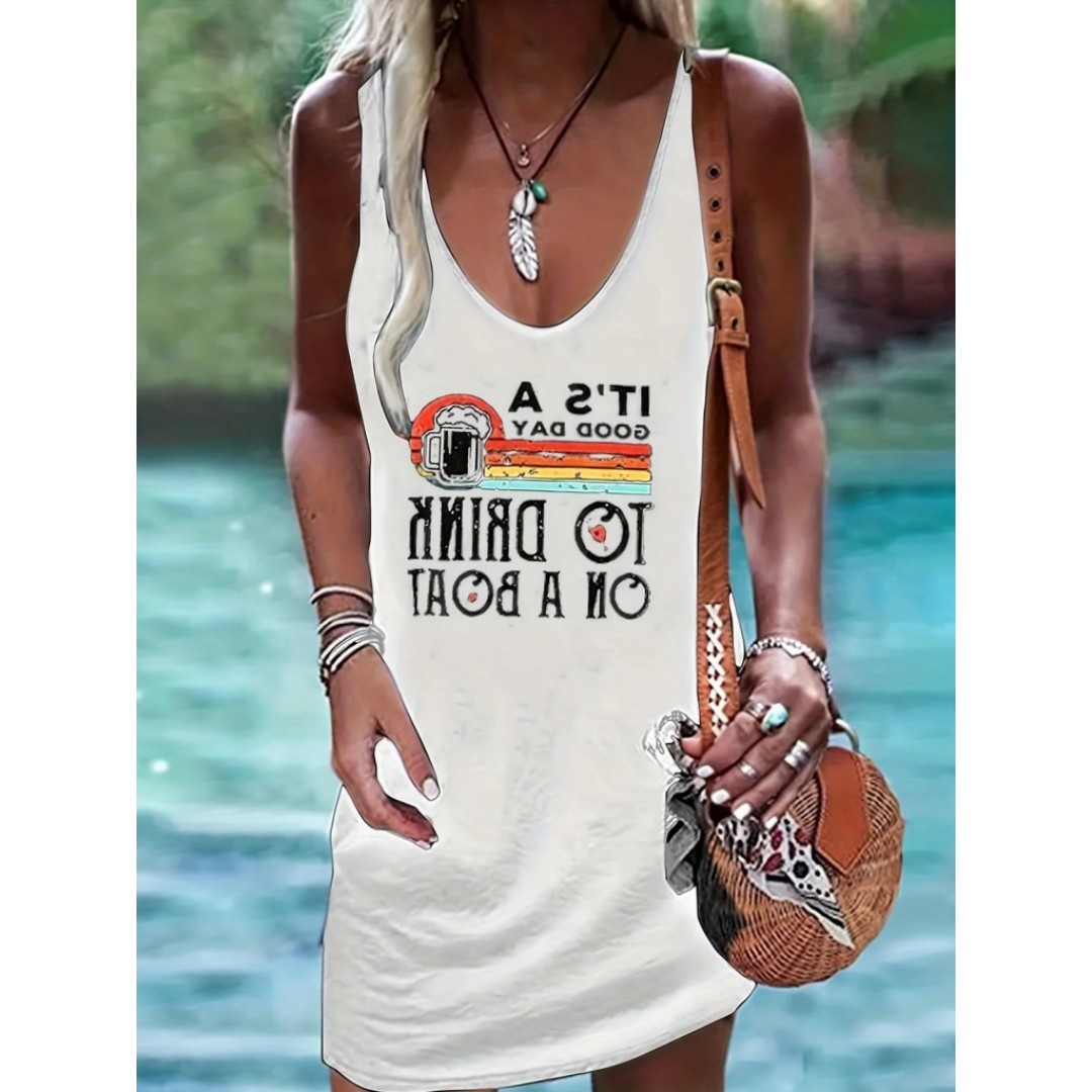 Kadın Sıfır Kol Askılı V Yaka Good Day Baskılı Viskon Elbise - 114873 Kadın Sıfır Kol Askılı V Yaka Good Day Baskılı Viskon Elbise - 114873
