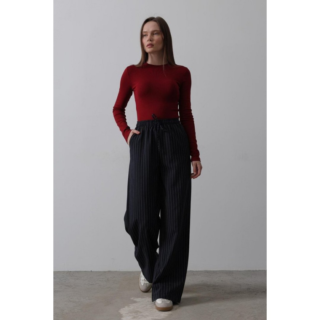 Beli Lastikli Bol Paça Pantolon - Lacivert-Beyaz 154074