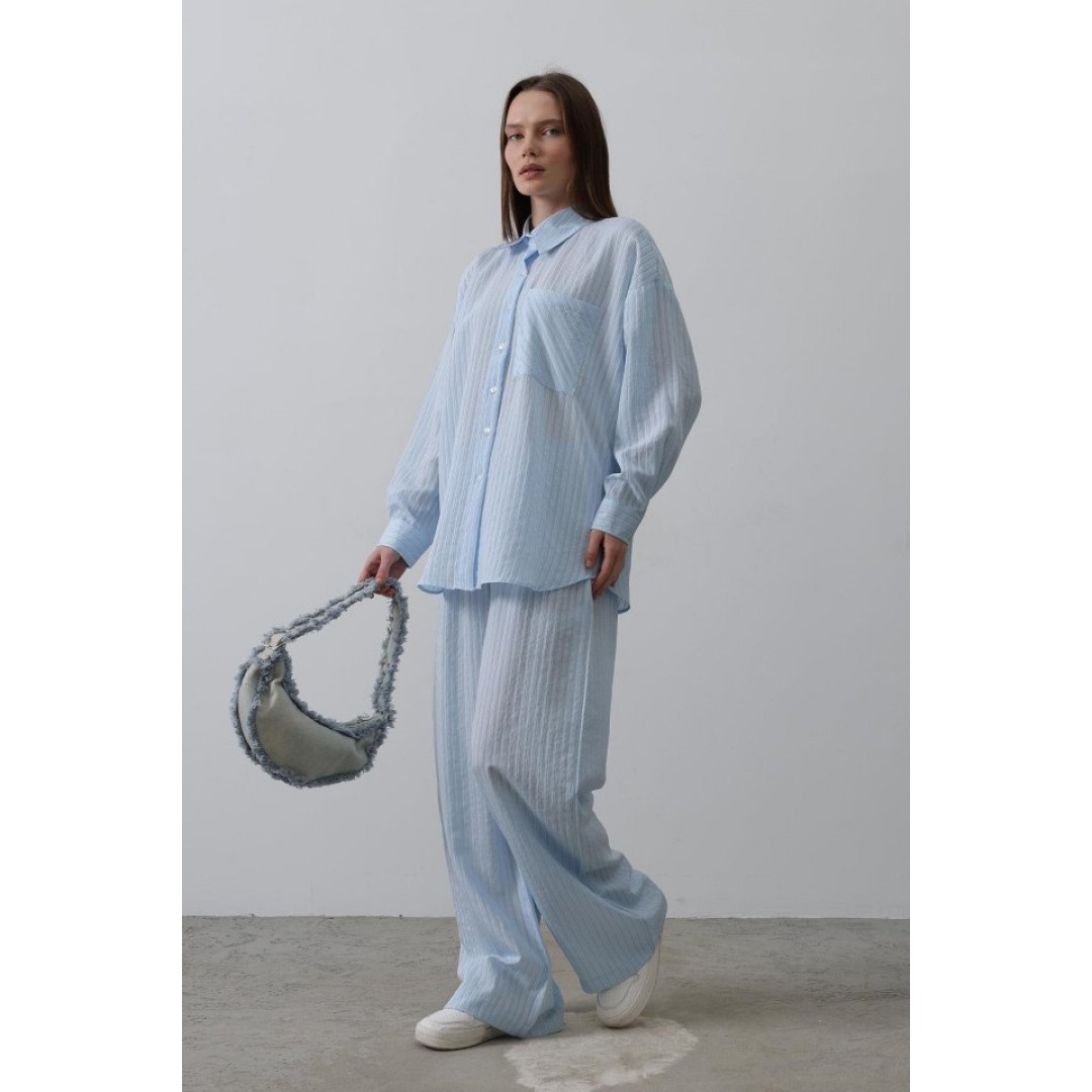 Çizgili Cep Detaylı Oversize Takım - Bebe Mavisi 152830 Çizgili Cep Detaylı Oversize Takım - Bebe Mavisi 152830