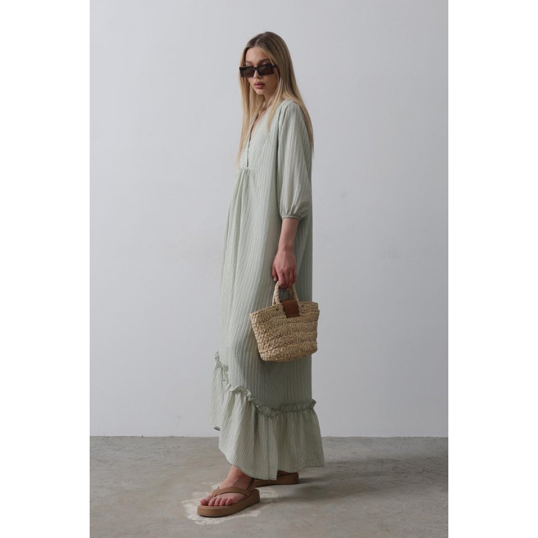 Çizgili Oversize V Yaka Elbise - Haki - 154467 Çizgili Oversize V Yaka Elbise - Haki - 154467
