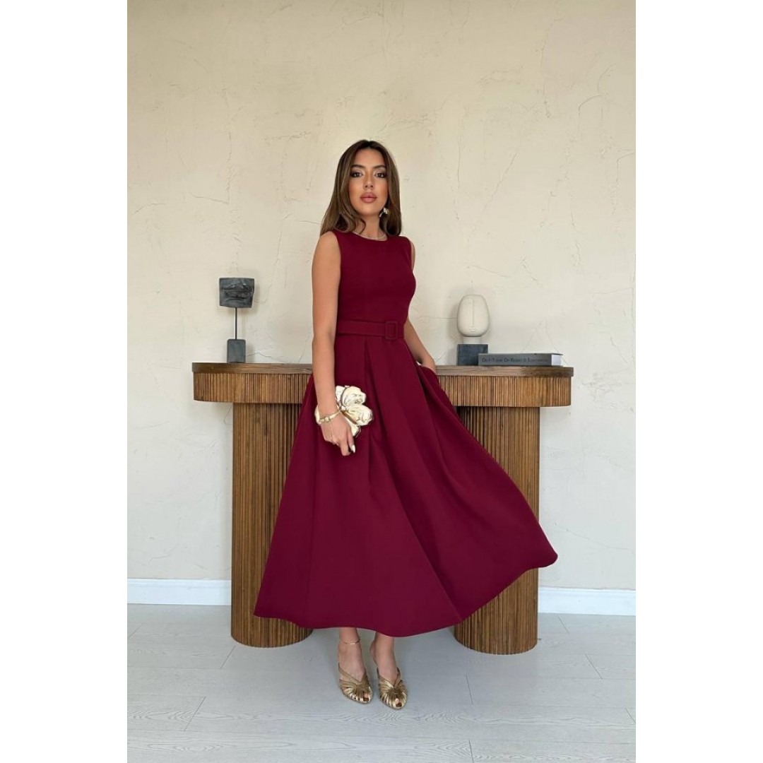 Bordo Halter Yaka Kloş Elbise